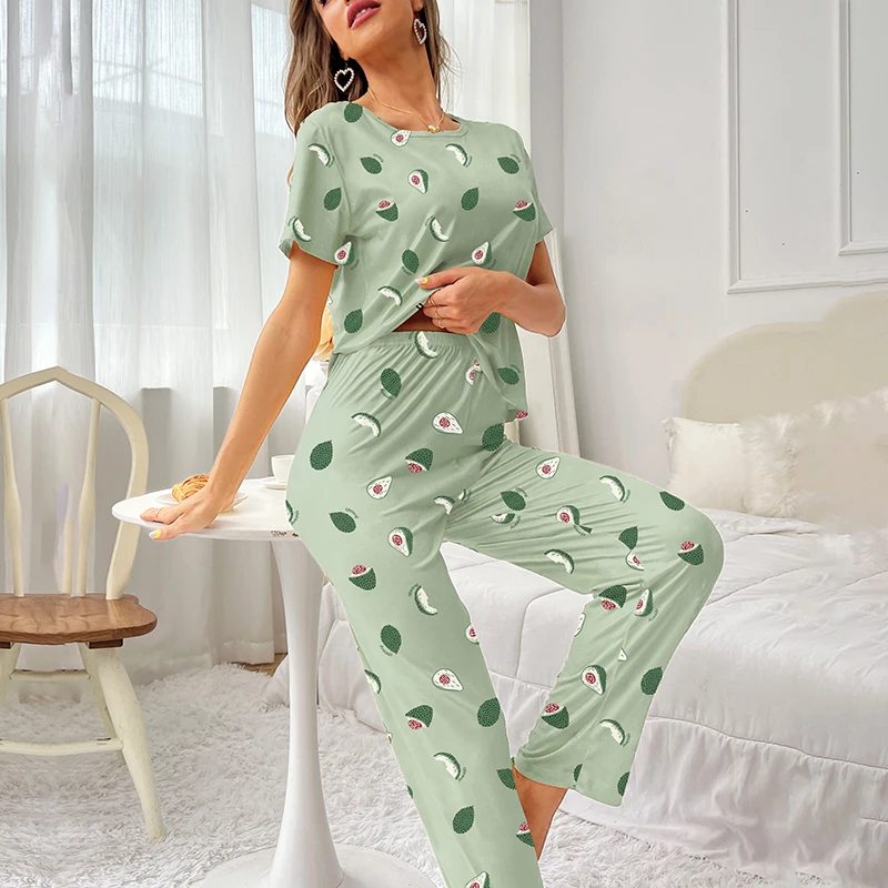 Women's Cartoon Print Pajama Set Short Sleeve Top Long Pants Soft Comfortable Sleepwear for Ladies Homewear Pijama Women's Cartoon Print Pajama Set Short Sleeve Top Long Pants Soft Comfortable Sleepwear for Ladies Homewear Pijama