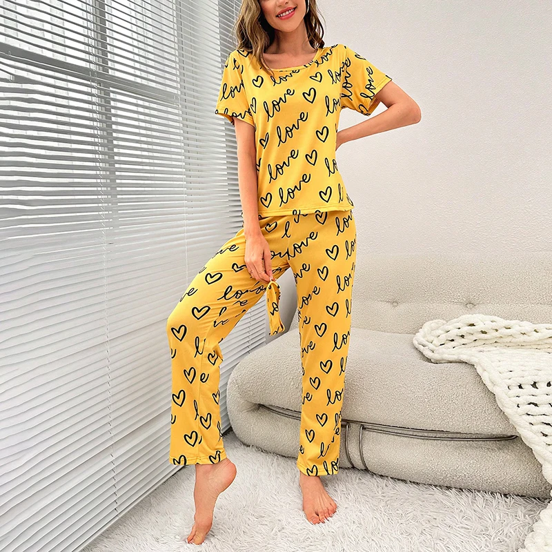 Women's Cartoon Print Pajama Set Short Sleeve Top Long Pants Soft Comfortable Sleepwear for Ladies Homewear Pijama Women's Cartoon Print Pajama Set Short Sleeve Top Long Pants Soft Comfortable Sleepwear for Ladies Homewear Pijama