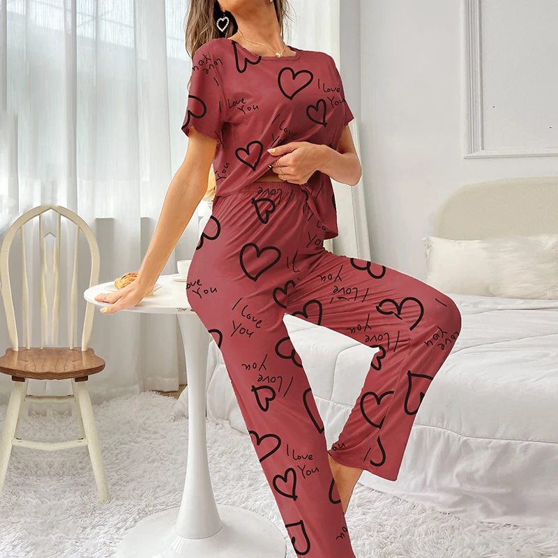Women's Cartoon Print Pajama Set Short Sleeve Top Long Pants Soft Comfortable Sleepwear for Ladies Homewear Pijama Women's Cartoon Print Pajama Set Short Sleeve Top Long Pants Soft Comfortable Sleepwear for Ladies Homewear Pijama