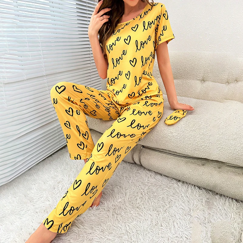 Women's Cartoon Print Pajama Set Short Sleeve Top Long Pants Soft Comfortable Sleepwear for Ladies Homewear Pijama Women's Cartoon Print Pajama Set Short Sleeve Top Long Pants Soft Comfortable Sleepwear for Ladies Homewear Pijama