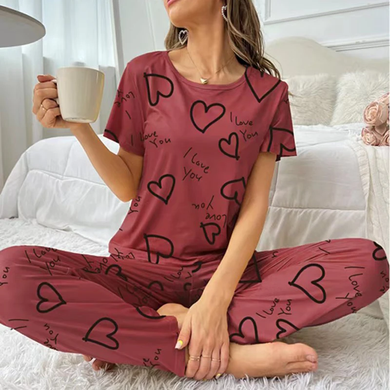 Women's Cartoon Print Pajama Set Short Sleeve Top Long Pants Soft Comfortable Sleepwear for Ladies Homewear Pijama Women's Cartoon Print Pajama Set Short Sleeve Top Long Pants Soft Comfortable Sleepwear for Ladies Homewear Pijama