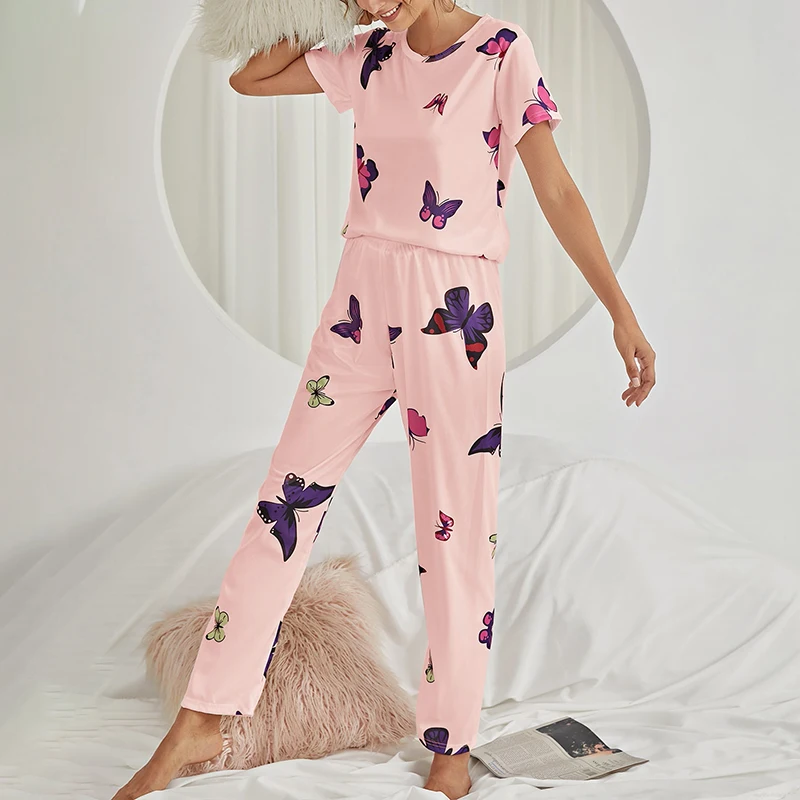 Women's Cartoon Print Pajama Set Short Sleeve Top Long Pants Soft Comfortable Sleepwear for Ladies Homewear Pijama Women's Cartoon Print Pajama Set Short Sleeve Top Long Pants Soft Comfortable Sleepwear for Ladies Homewear Pijama