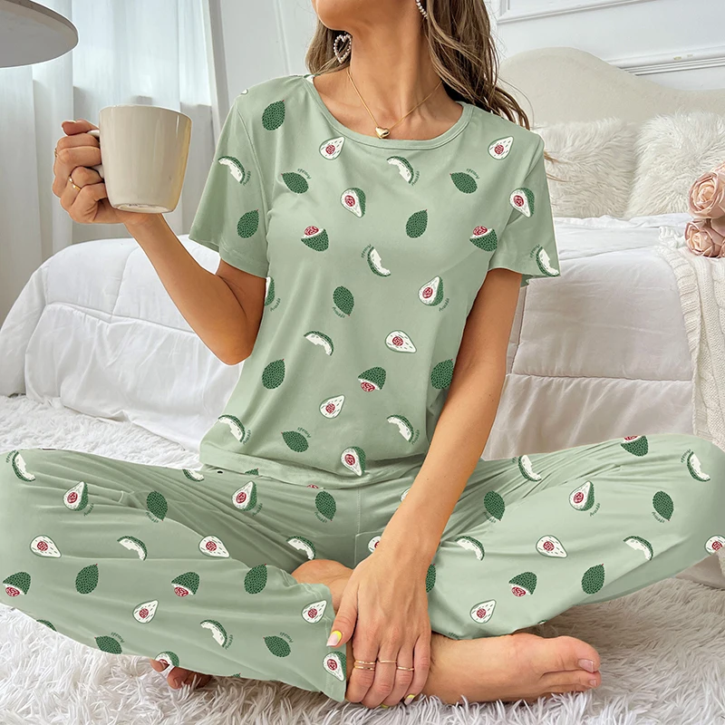 Women's Cartoon Print Pajama Set Short Sleeve Top Long Pants Soft Comfortable Sleepwear for Ladies Homewear Pijama Women's Cartoon Print Pajama Set Short Sleeve Top Long Pants Soft Comfortable Sleepwear for Ladies Homewear Pijama