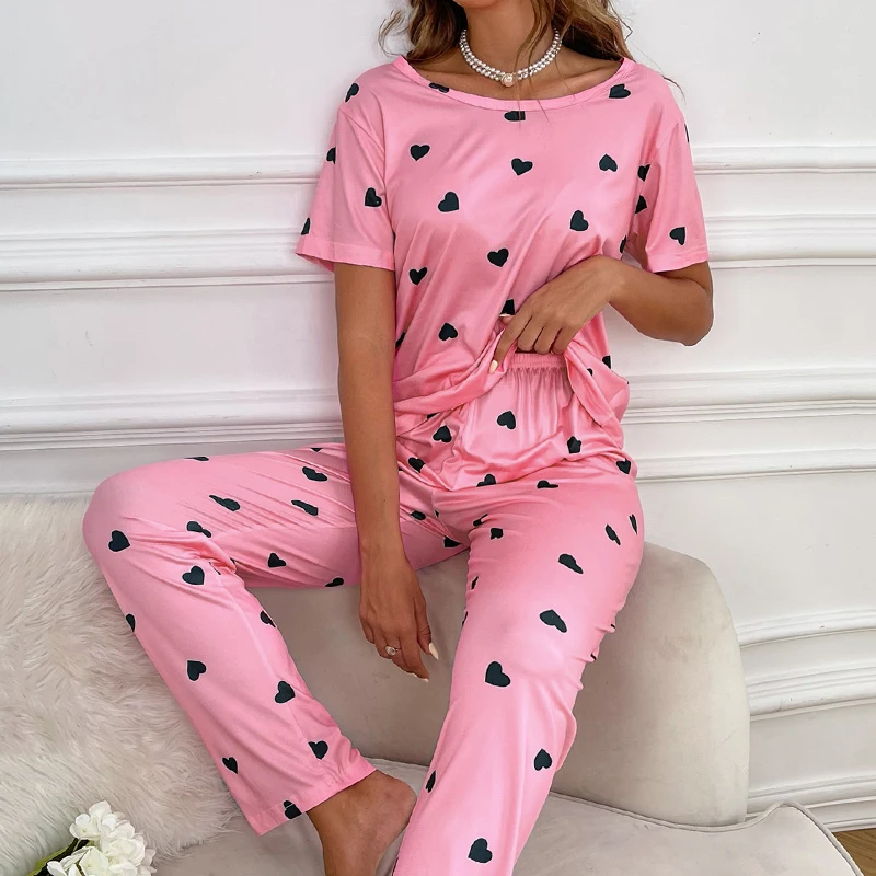 Women's Cartoon Print Pajama Set Short Sleeve Top Long Pants Soft Comfortable Sleepwear for Ladies Homewear Pijama Women's Cartoon Print Pajama Set Short Sleeve Top Long Pants Soft Comfortable Sleepwear for Ladies Homewear Pijama