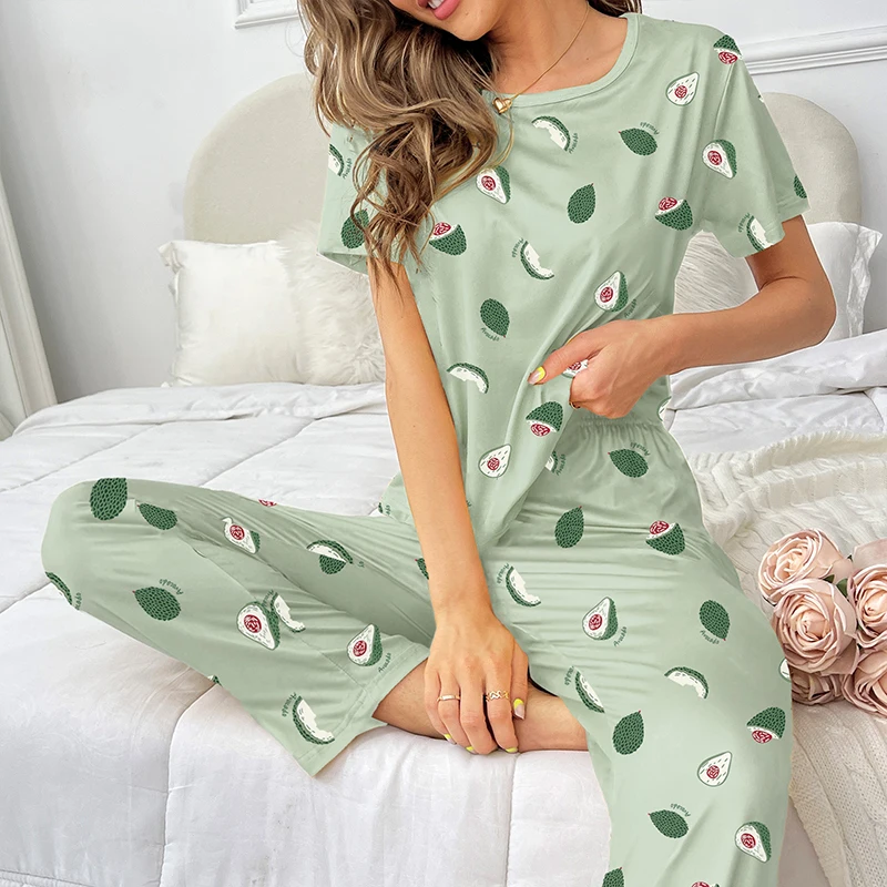 Women's Cartoon Print Pajama Set Short Sleeve Top Long Pants Soft Comfortable Sleepwear for Ladies Homewear Pijama Women's Cartoon Print Pajama Set Short Sleeve Top Long Pants Soft Comfortable Sleepwear for Ladies Homewear Pijama