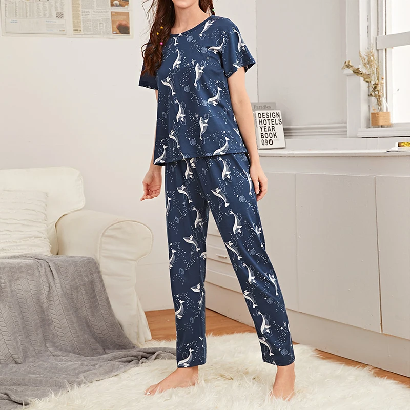 Women's Cartoon Print Pajama Set Short Sleeve Top Long Pants Soft Comfortable Sleepwear for Ladies Homewear Pijama Women's Cartoon Print Pajama Set Short Sleeve Top Long Pants Soft Comfortable Sleepwear for Ladies Homewear Pijama