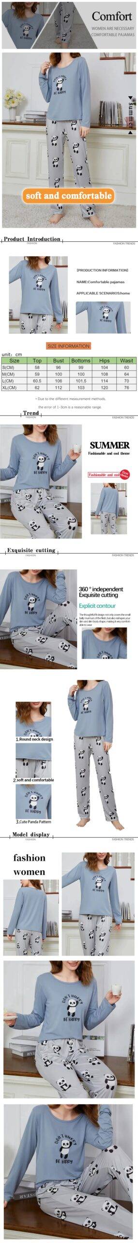 Women's Cartoon Printed Home Casual Pajama Set, Women's Long Sleeved Top and Printed Long Home Casual Pajama Set