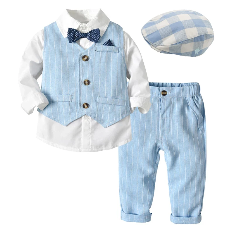 Kid Boy Formal Birthday Outfit Suit Toddler Gentleman Wedding Striped Vest Shirt 1-6 Years Baby Pants Boys Ceremony Outerwear