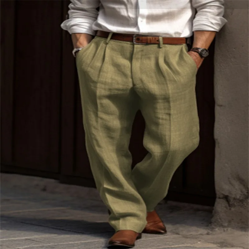 Men Linen Straight Solid Color Comfortable Breathable Casual Daily Cotton Fashion Trousers Men Linen Straight Solid Color Comfortable Breathable Casual Daily Cotton Fashion Trousers