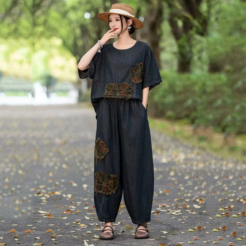 Masss Wasss Summer Women’s Embroidered Denim 2-Piece Set – Loose Top & Vintage Wide-Leg Jeans