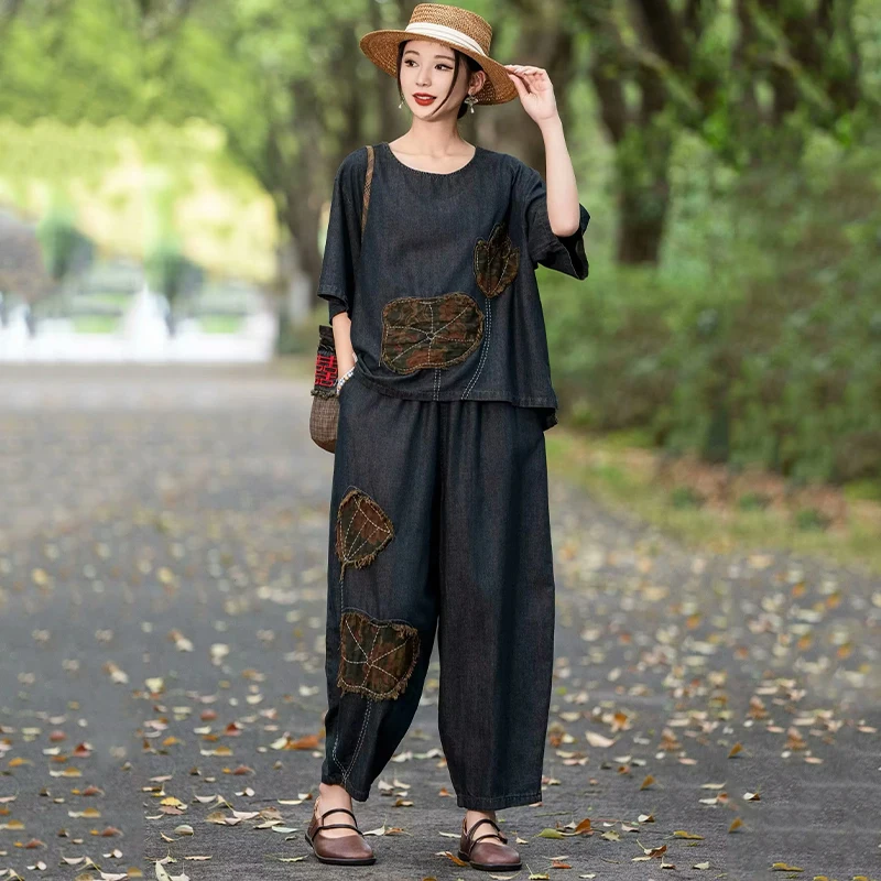 Masss Wasss Summer Women’s Embroidered Denim 2-Piece Set – Loose Top & Vintage Wide-Leg Jeans