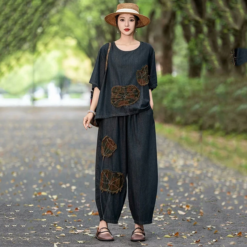 Masss Wasss Summer Women’s Embroidered Denim 2-Piece Set – Loose Top & Vintage Wide-Leg Jeans