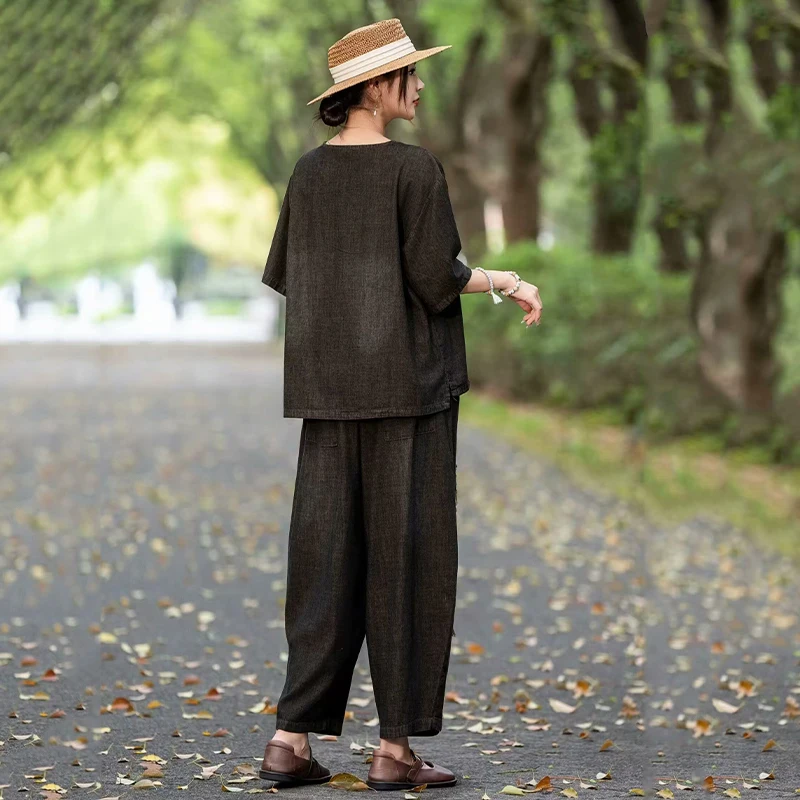 Masss Wasss Summer Women’s Embroidered Denim 2-Piece Set – Loose Top & Vintage Wide-Leg Jeans