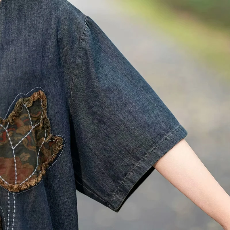 Masss Wasss Summer Women’s Embroidered Denim 2-Piece Set – Loose Top & Vintage Wide-Leg Jeans