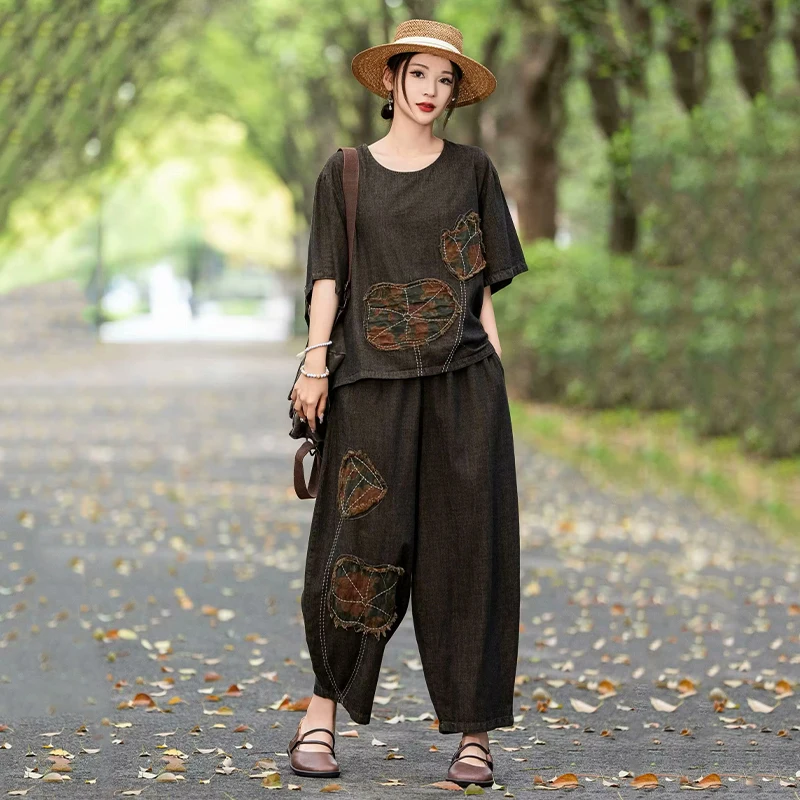 Masss Wasss Summer Women’s Embroidered Denim 2-Piece Set – Loose Top & Vintage Wide-Leg Jeans