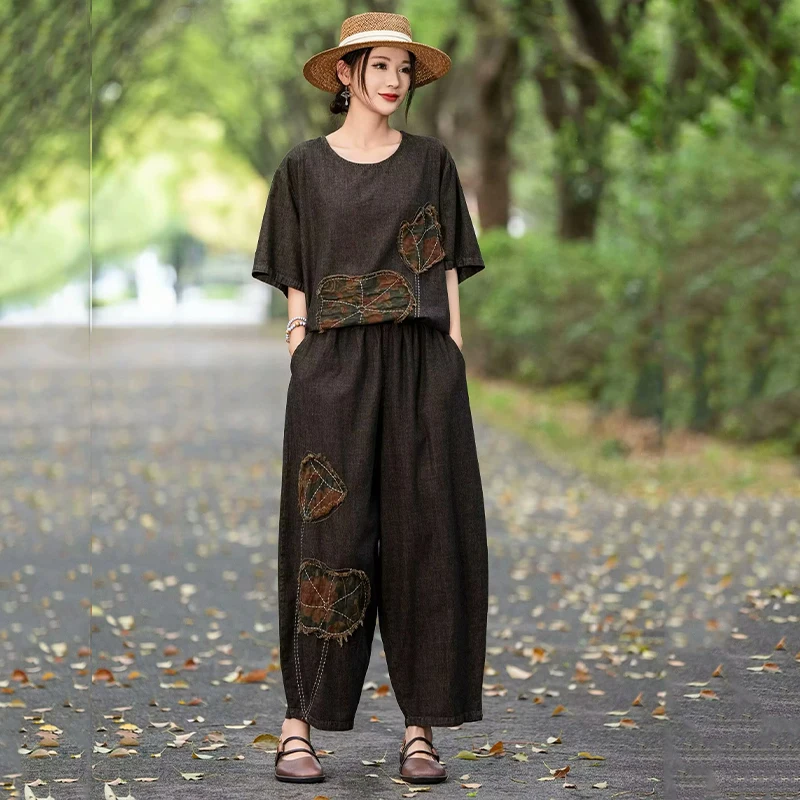 Masss Wasss Summer Women’s Embroidered Denim 2-Piece Set – Loose Top & Vintage Wide-Leg Jeans