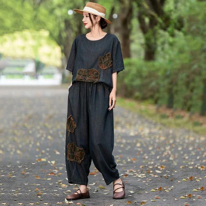 Masss Wasss Summer Women’s Embroidered Denim 2-Piece Set – Loose Top & Vintage Wide-Leg Jeans