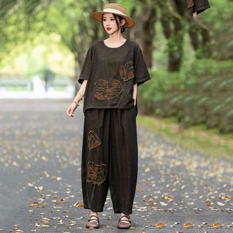 Masss Wasss Summer Women’s Embroidered Denim 2-Piece Set – Loose Top & Vintage Wide-Leg Jeans