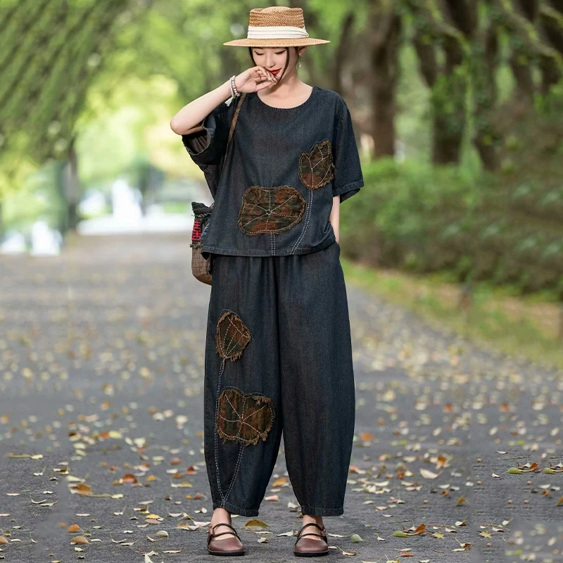 Masss Wasss Summer Women’s Embroidered Denim 2-Piece Set – Loose Top & Vintage Wide-Leg Jeans