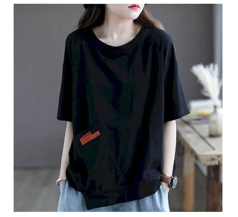 100% Cotton Women's Short Sleeve T-Shirt – Korean Style Loose Fit Casual Summer Top