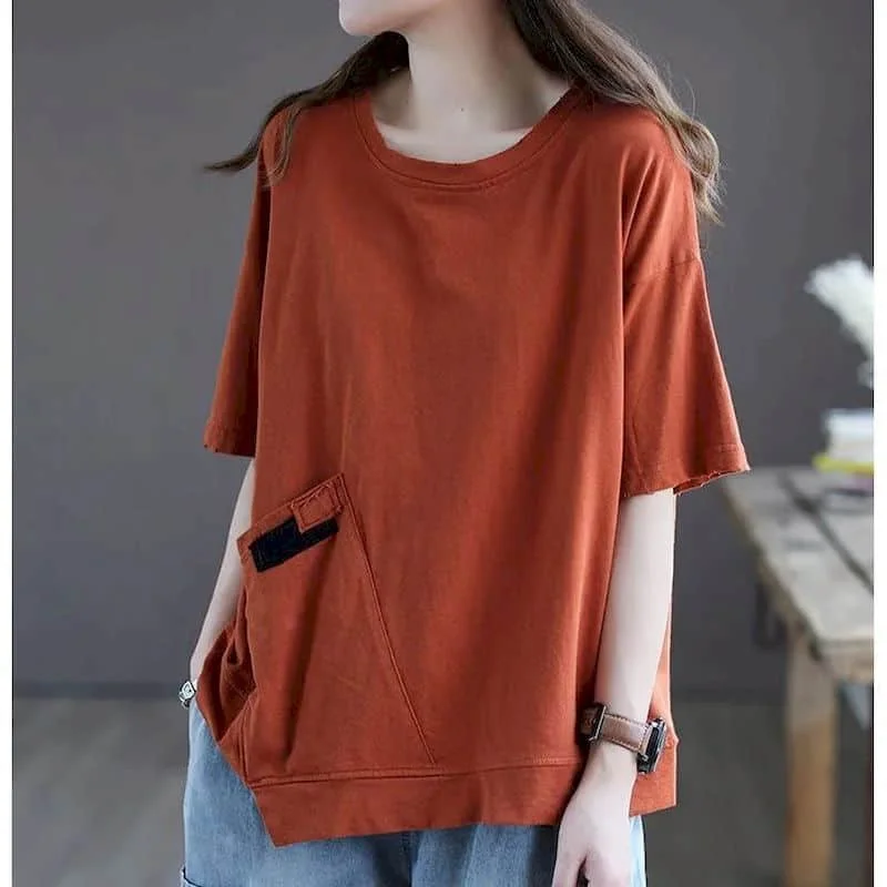 100% Cotton Women's Short Sleeve T-Shirt – Korean Style Loose Fit Casual Summer Top