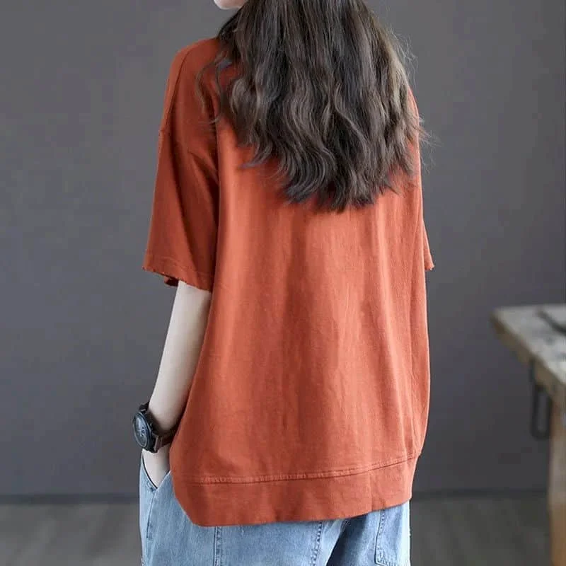 100% Cotton Women's Short Sleeve T-Shirt – Korean Style Loose Fit Casual Summer Top
