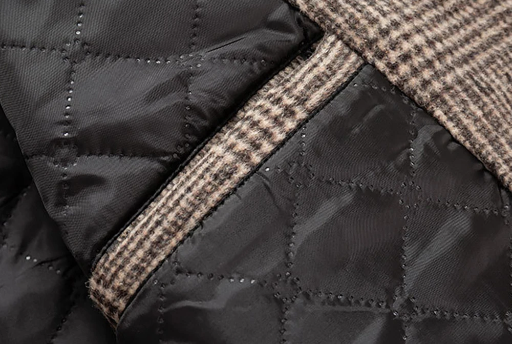 Autumn and winter cross-border thick checkered men's jacket medium long with cotton men's jacket lapel men's coat