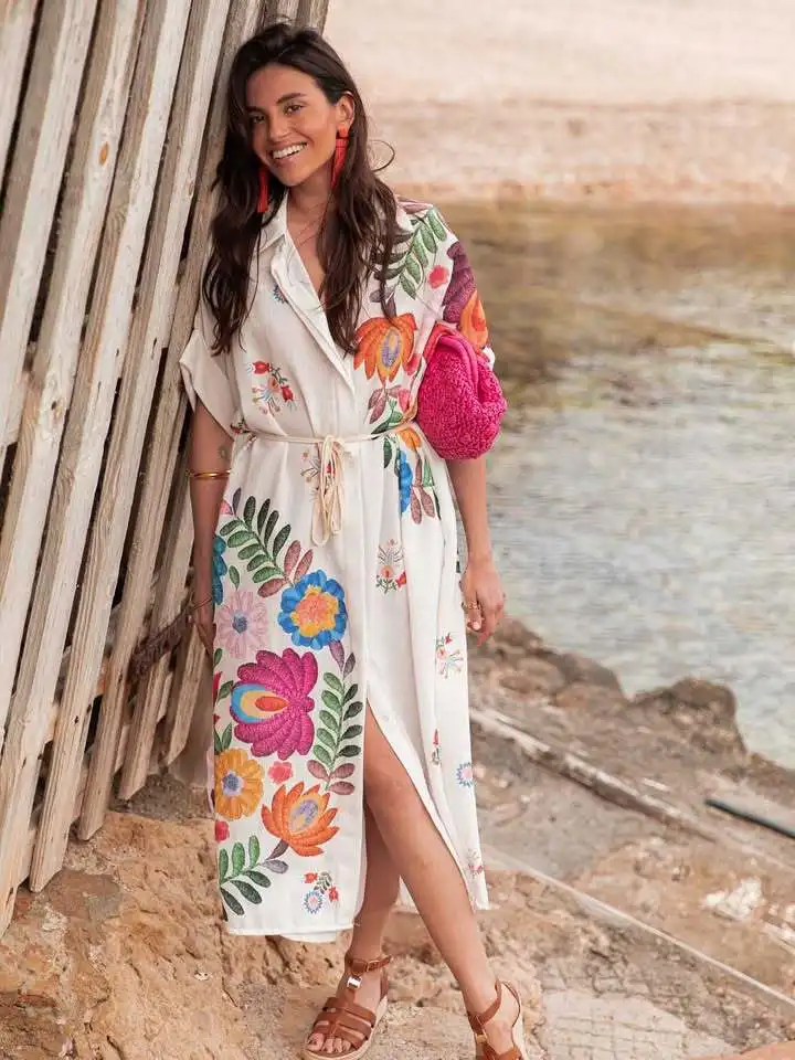 Fashion Printed Shirt Short-sleeved Women's Lace-up Robe Dress Bohemian Casual Loose Beach Vacation Female Elegant Long Dresses