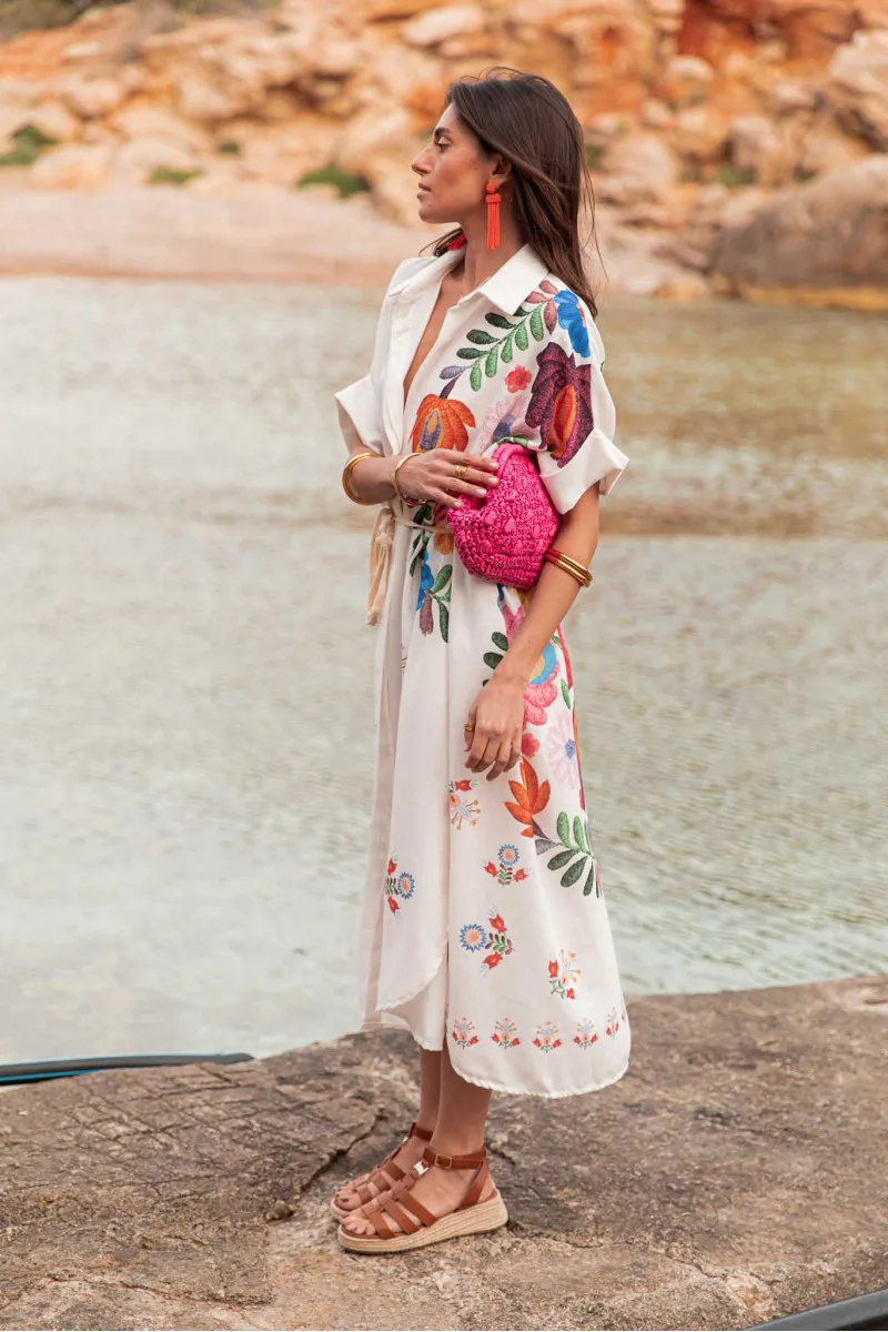 Fashion Printed Shirt Short-sleeved Women's Lace-up Robe Dress Bohemian Casual Loose Beach Vacation Female Elegant Long Dresses