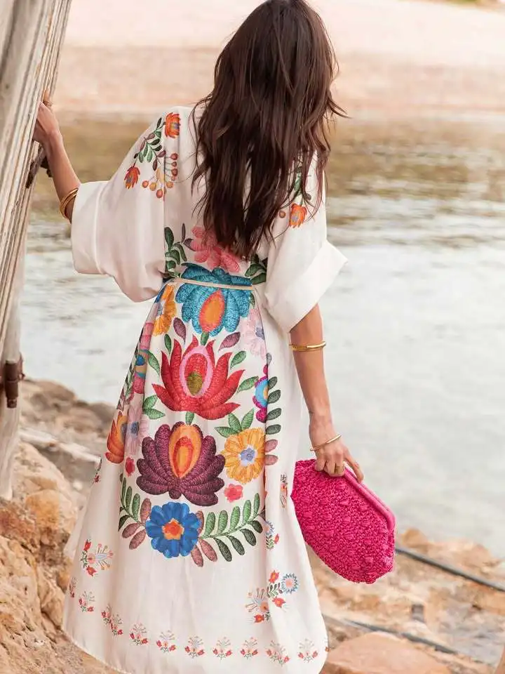 Fashion Printed Shirt Short-sleeved Women's Lace-up Robe Dress Bohemian Casual Loose Beach Vacation Female Elegant Long Dresses