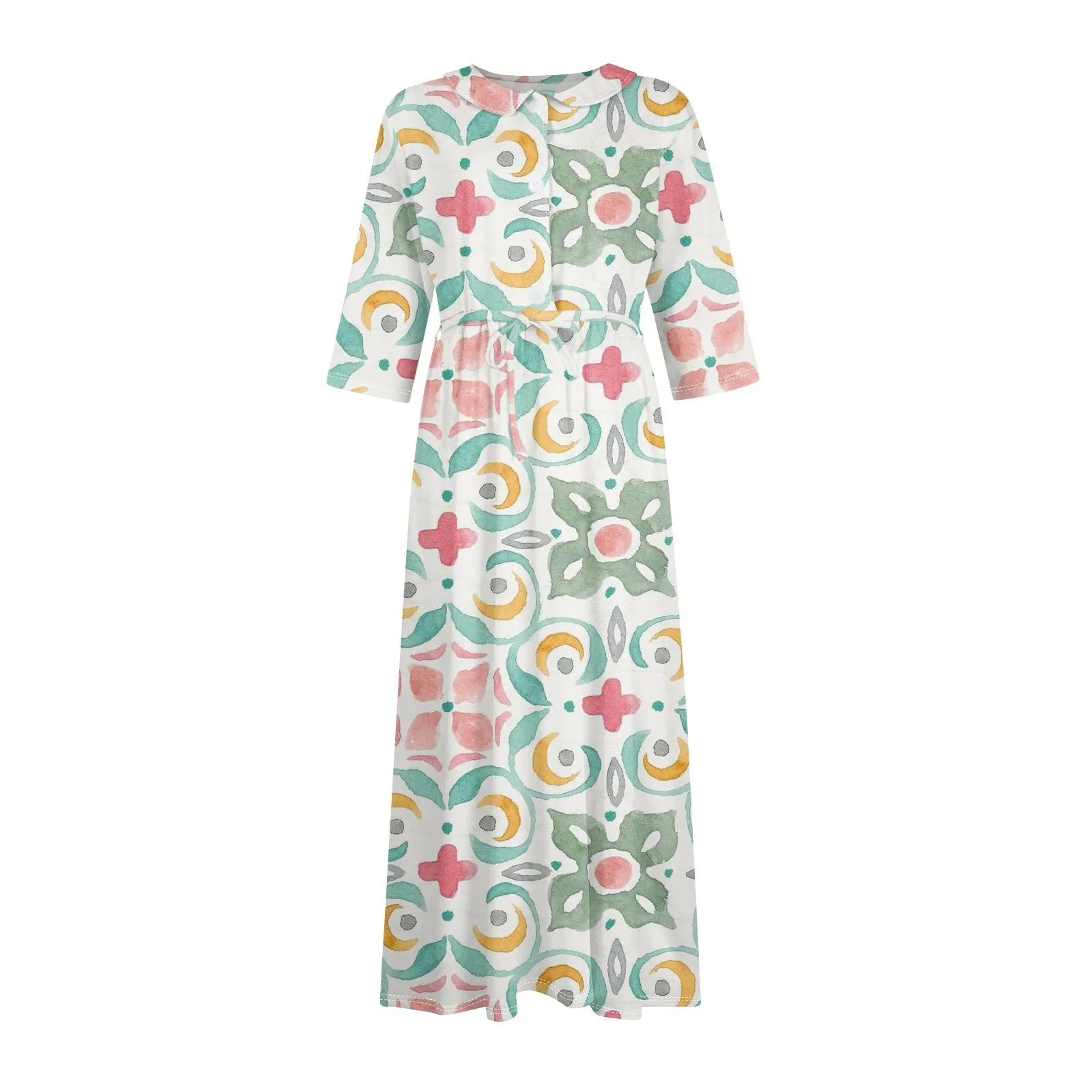 Floral Elegant Lapel Button Evening Party Dresses Three Quarter Sleeves Formal Wear Mid-Calf Summer Dress Vestidos 2024 Floral Elegant Lapel Button Evening Party Dresses Three Quarter Sleeves Formal Wear Mid-Calf Summer Dress Vestidos 2024