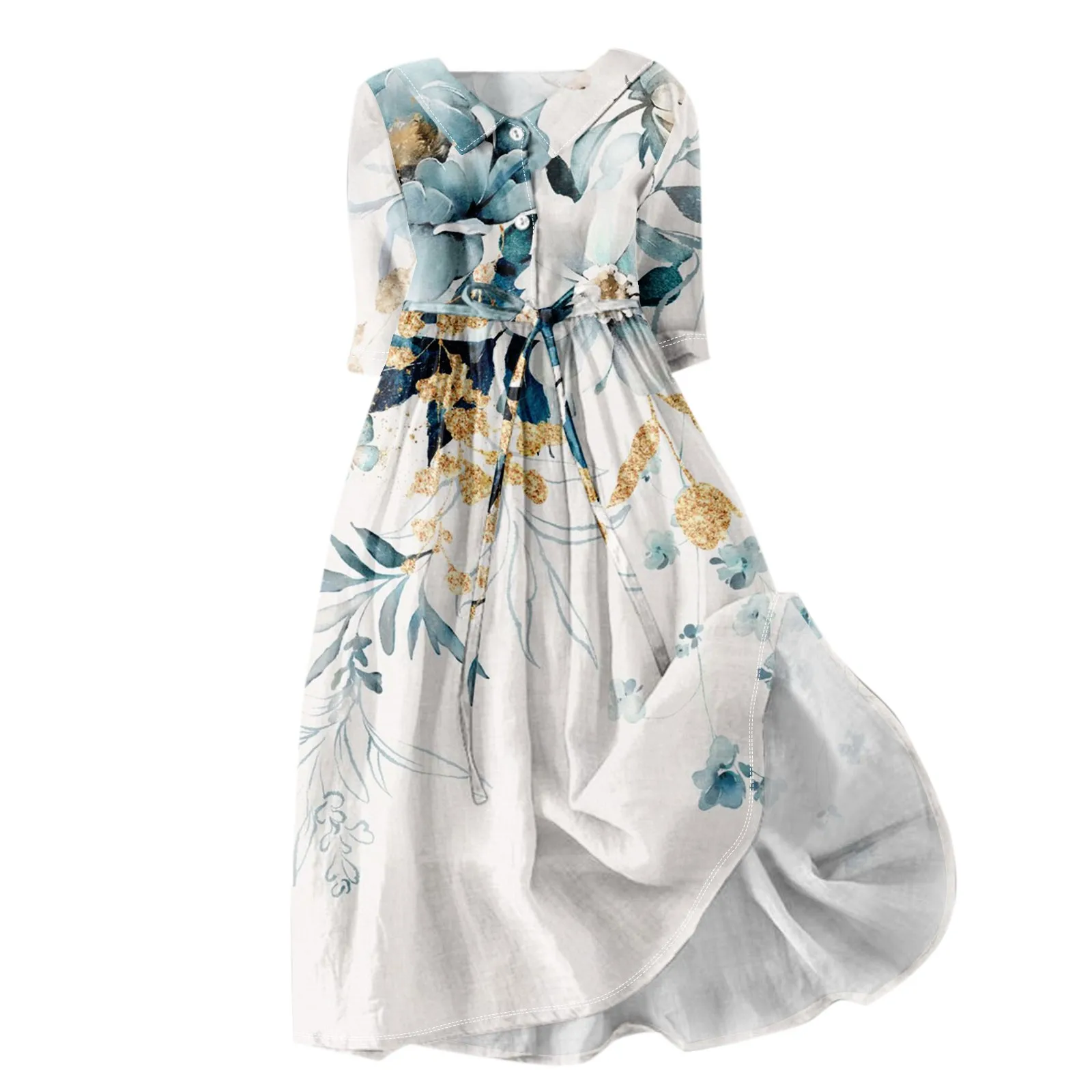 Floral Elegant Lapel Button Evening Party Dresses Three Quarter Sleeves Formal Wear Mid-Calf Summer Dress Vestidos 2024 Floral Elegant Lapel Button Evening Party Dresses Three Quarter Sleeves Formal Wear Mid-Calf Summer Dress Vestidos 2024