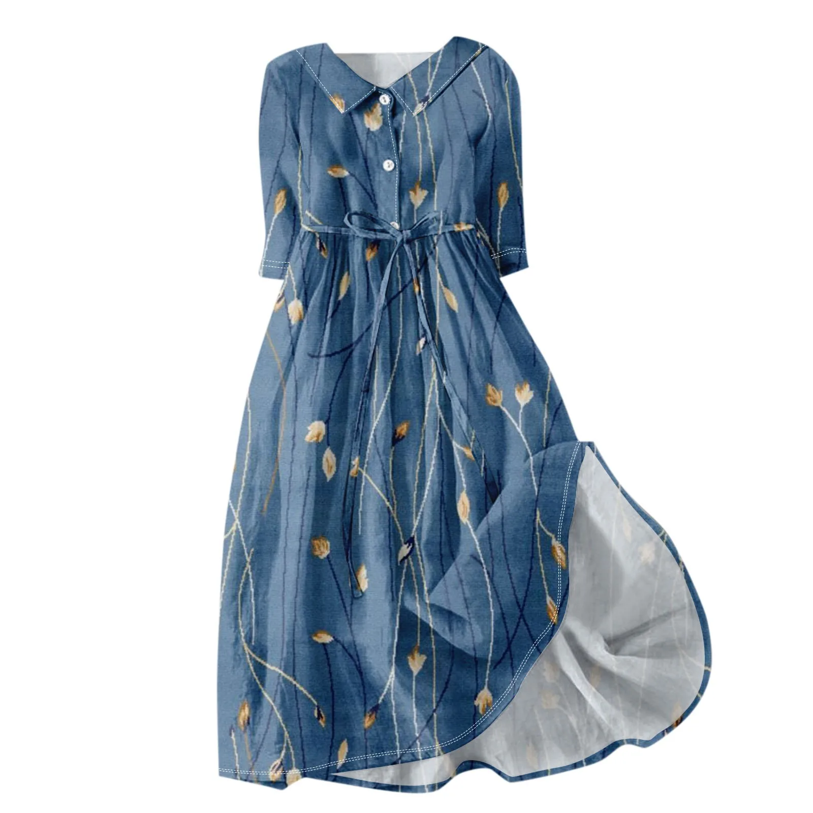 Floral Elegant Lapel Button Evening Party Dresses Three Quarter Sleeves Formal Wear Mid-Calf Summer Dress Vestidos 2024 Floral Elegant Lapel Button Evening Party Dresses Three Quarter Sleeves Formal Wear Mid-Calf Summer Dress Vestidos 2024