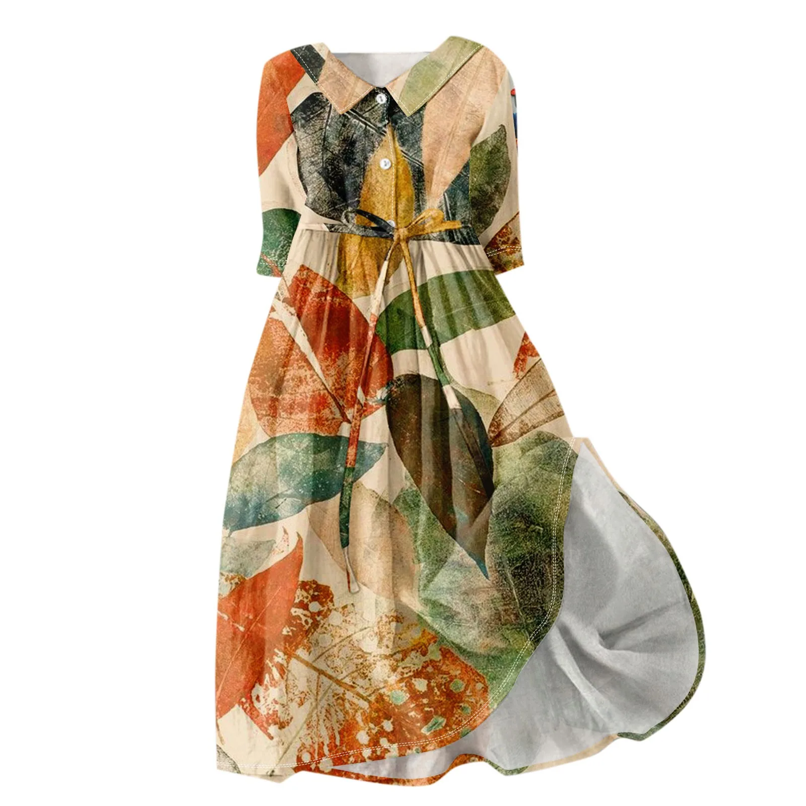 Floral Elegant Lapel Button Evening Party Dresses Three Quarter Sleeves Formal Wear Mid-Calf Summer Dress Vestidos 2024 Floral Elegant Lapel Button Evening Party Dresses Three Quarter Sleeves Formal Wear Mid-Calf Summer Dress Vestidos 2024