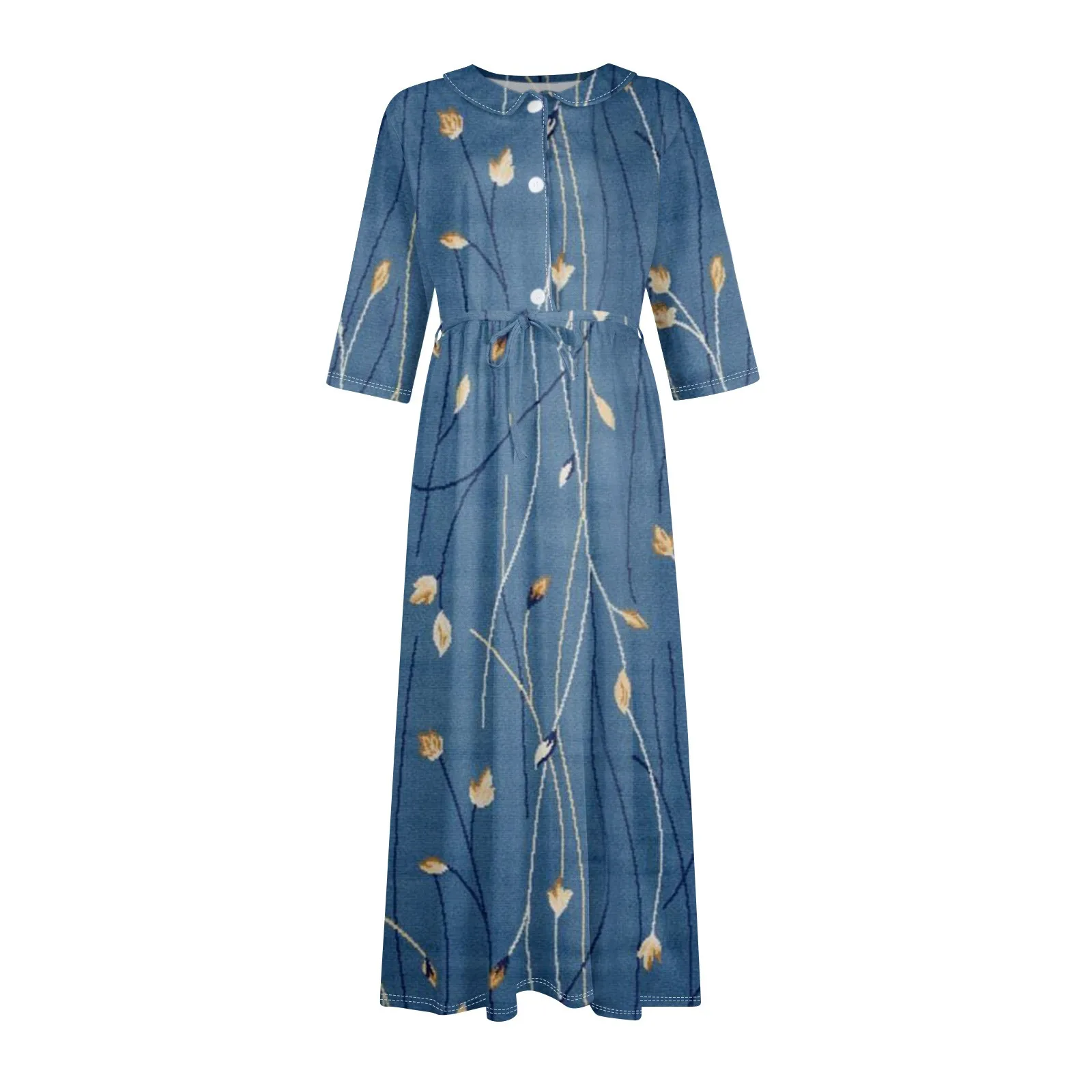 Floral Elegant Lapel Button Evening Party Dresses Three Quarter Sleeves Formal Wear Mid-Calf Summer Dress Vestidos 2024 Floral Elegant Lapel Button Evening Party Dresses Three Quarter Sleeves Formal Wear Mid-Calf Summer Dress Vestidos 2024