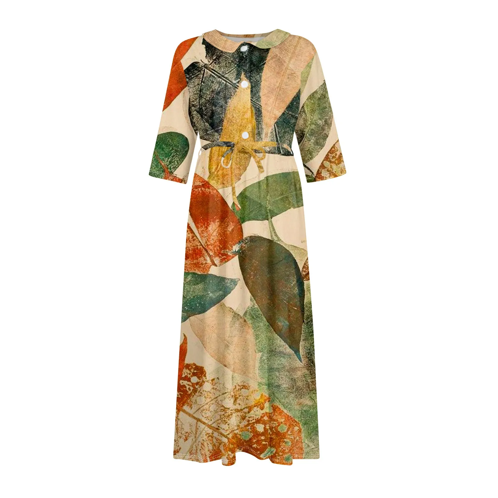 Floral Elegant Lapel Button Evening Party Dresses Three Quarter Sleeves Formal Wear Mid-Calf Summer Dress Vestidos 2024 Floral Elegant Lapel Button Evening Party Dresses Three Quarter Sleeves Formal Wear Mid-Calf Summer Dress Vestidos 2024