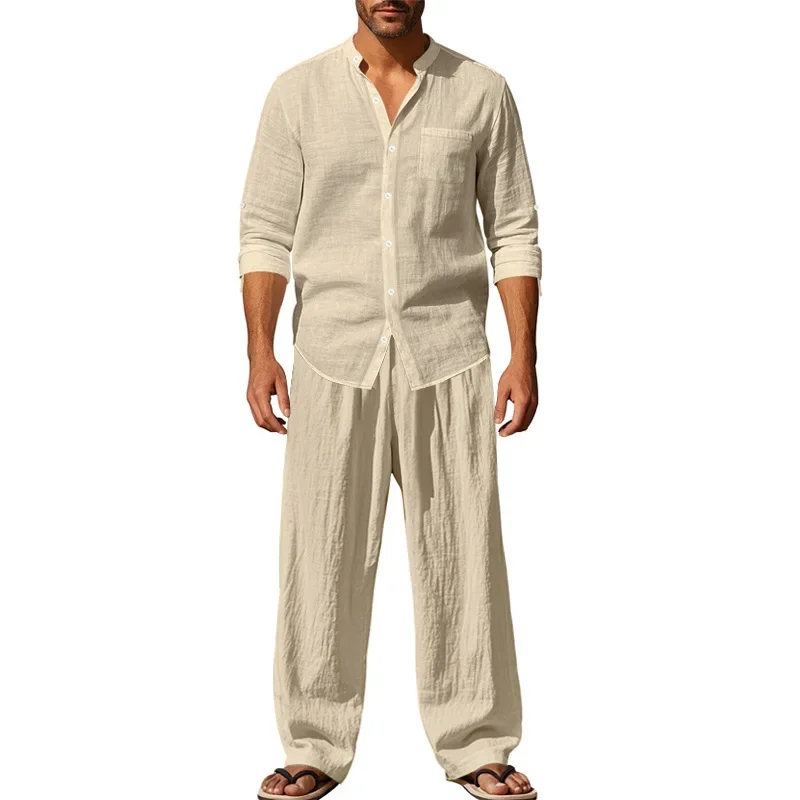 Men's Linen Shirt & Pants Set – American Style Casual Beachwear, Breathable Loose Fit Outfit (All Seasons