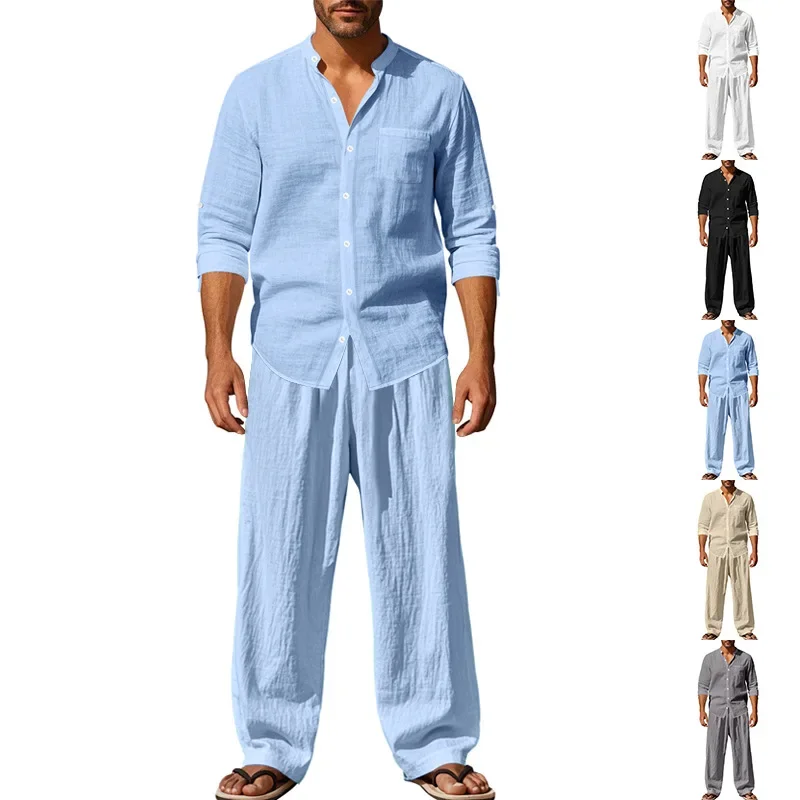 Men's Linen Shirt & Pants Set – American Style Casual Beachwear, Breathable Loose Fit Outfit (All Seasons