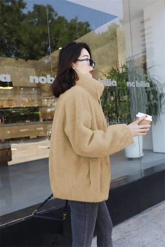 Women Winter Double Coral Fleece Warm Coat Stand Collar Plush Thick Overcoat Female Fashion Casual Long Sleeve Zipper Clothes