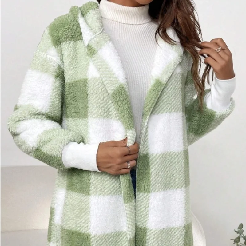 Women Autumn Winter Double Fleece Plaid Cardigan Soft Loose Long Sleeve Plush Warm Hooded Jacket Female Patchwork Outerwear Coat
