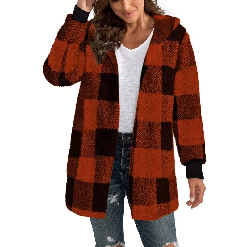 Women Autumn Winter Double Fleece Plaid Cardigan Soft Loose Long Sleeve Plush Warm Hooded Jacket Female Patchwork Outerwear Coat