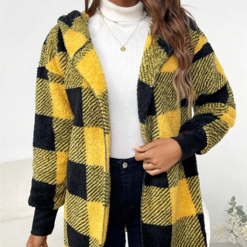 Women Autumn Winter Double Fleece Plaid Cardigan Soft Loose Long Sleeve Plush Warm Hooded Jacket Female Patchwork Outerwear Coat
