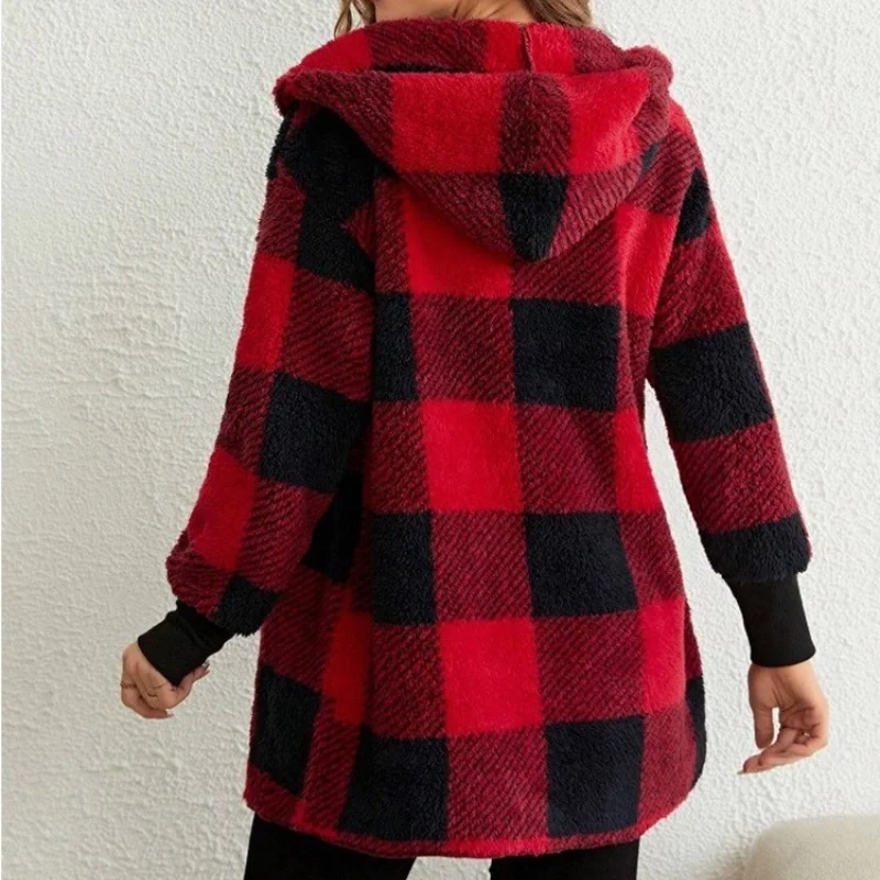 Women Autumn Winter Double Fleece Plaid Cardigan Soft Loose Long Sleeve Plush Warm Hooded Jacket Female Patchwork Outerwear Coat