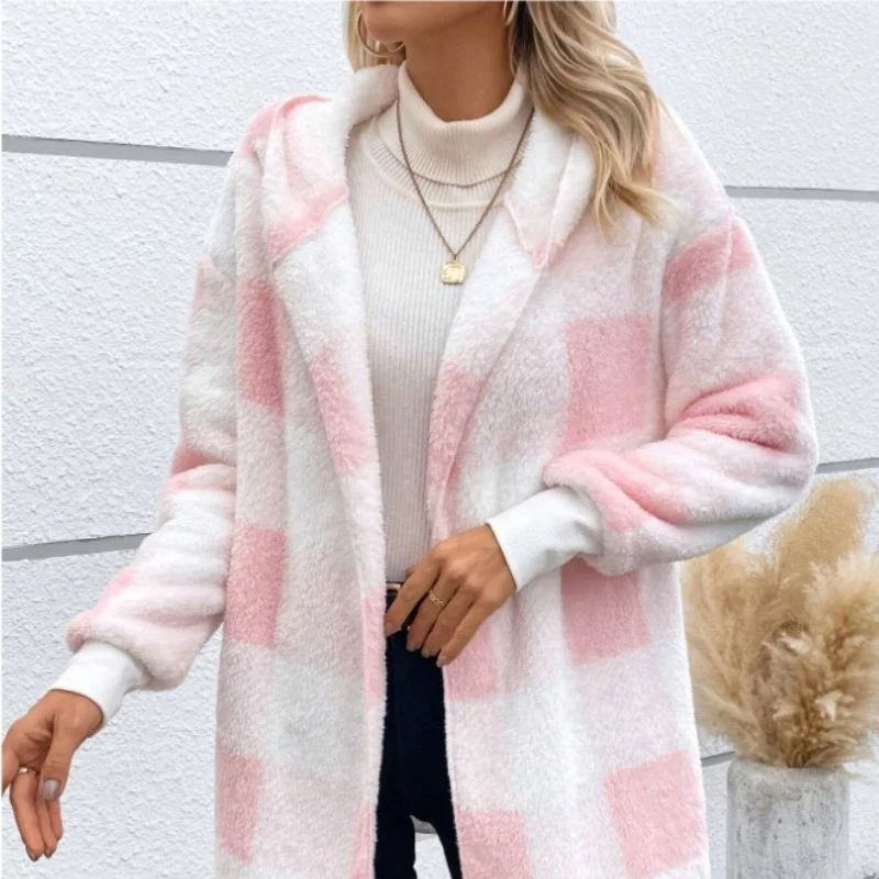Women Autumn Winter Double Fleece Plaid Cardigan Soft Loose Long Sleeve Plush Warm Hooded Jacket Female Patchwork Outerwear Coat