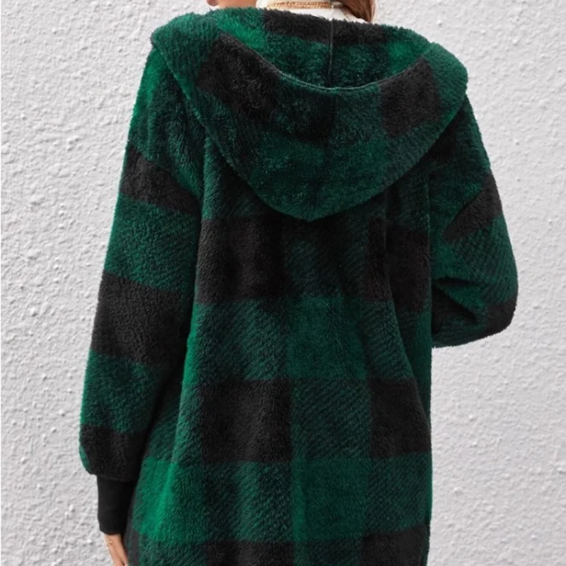 Women Autumn Winter Double Fleece Plaid Cardigan Soft Loose Long Sleeve Plush Warm Hooded Jacket Female Patchwork Outerwear Coat