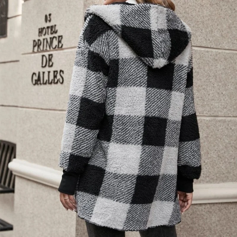 Women Autumn Winter Double Fleece Plaid Cardigan Soft Loose Long Sleeve Plush Warm Hooded Jacket Female Patchwork Outerwear Coat